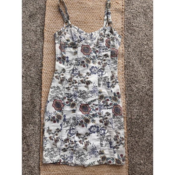 Guess Floral Denim Corset Dress Womens Size 1 White Lace Up Bodycon Mini - Picture 2 of 14